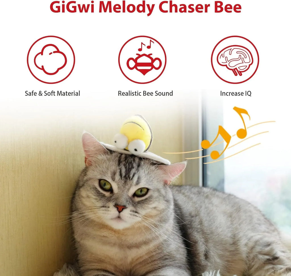 Yellow bee-shaped interactive cat toy with motion-activated squeaking function for indoor feline play