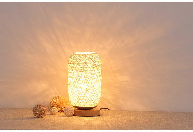 Brown hemp rope Sepak Takraw desk lamp on wooden base with woven sphere design