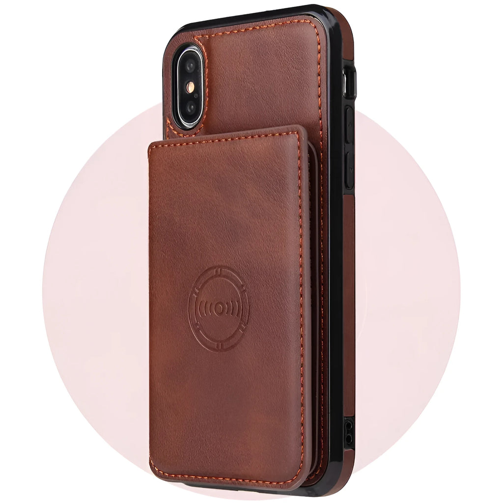 Imitation leather card wallet phone back cover for iPhone in black, blue, brown, orange, pink, and red.