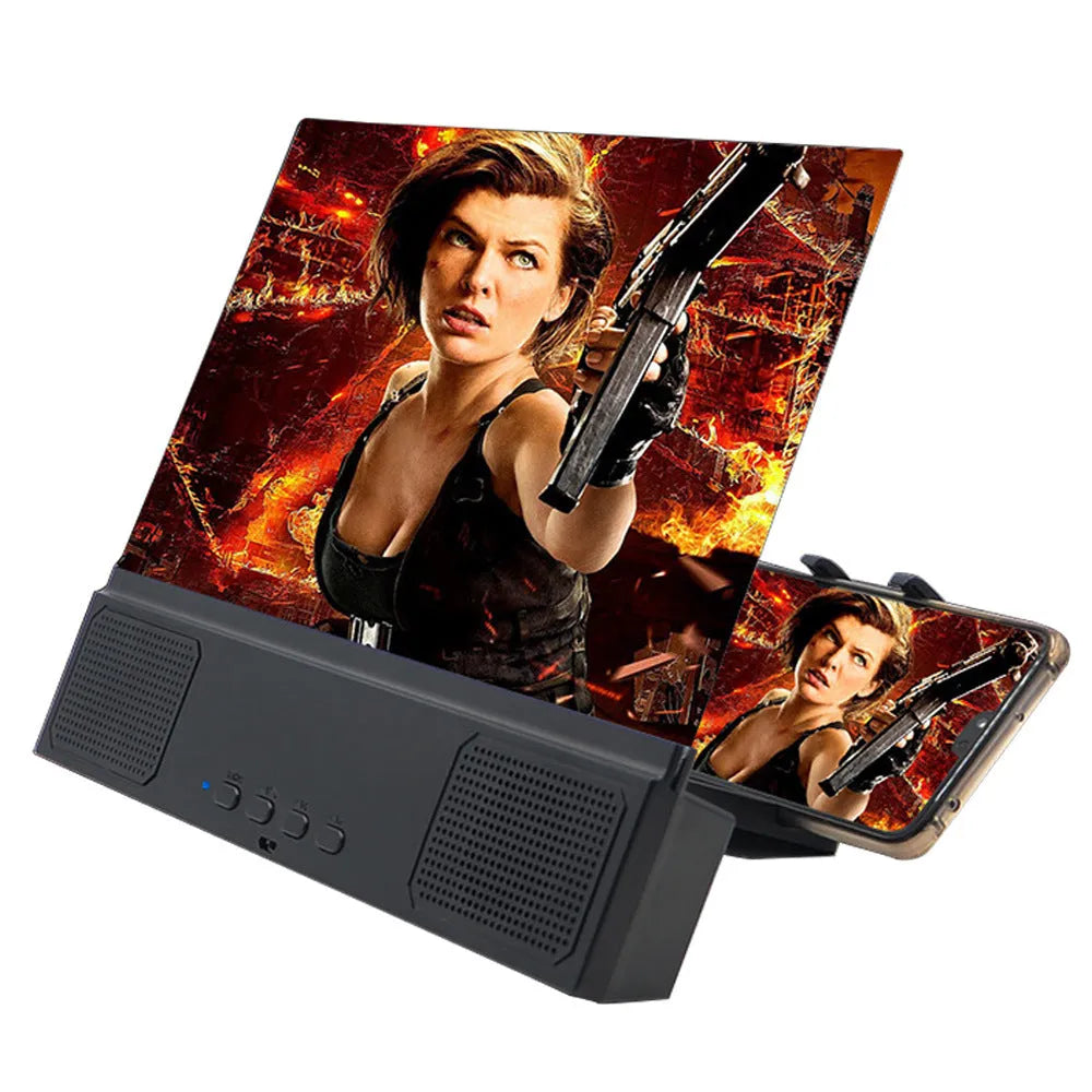 12-inch mobile phone screen amplifier with Bluetooth audio and ABS housing shown with smartphone