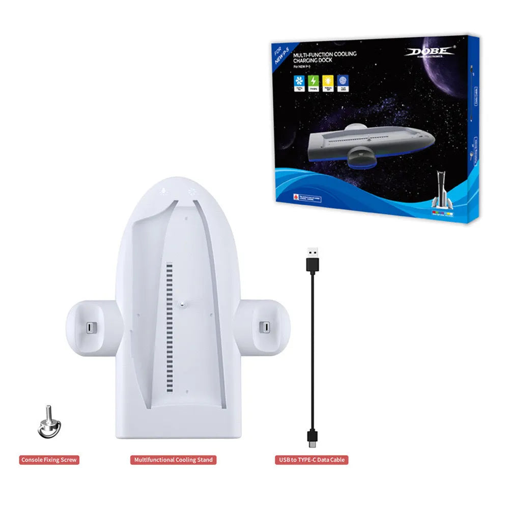 White PS5 slim cooling pad with RGB lighting and charging belt on 29cm ABS platform
