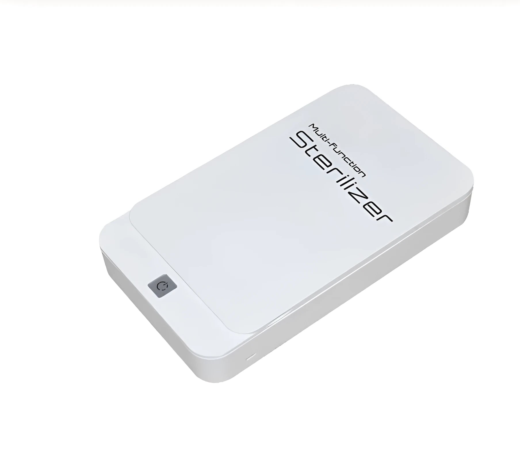 Blue UV mobile phone steriliser unit with open lid showing internal purple light and space for a smartphone.