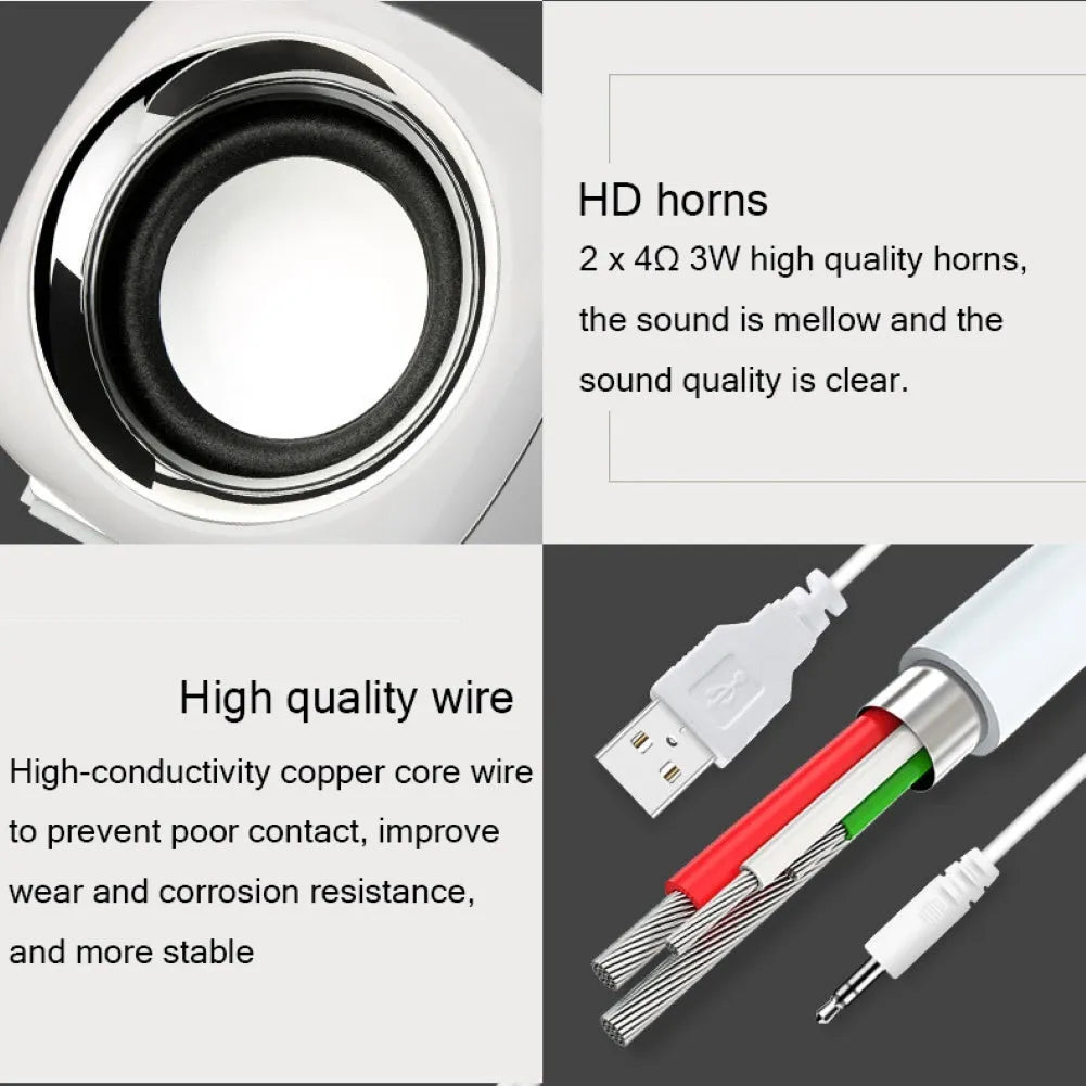 Pair of mini wired computer speakers with volume scroll wheel in black or white colour