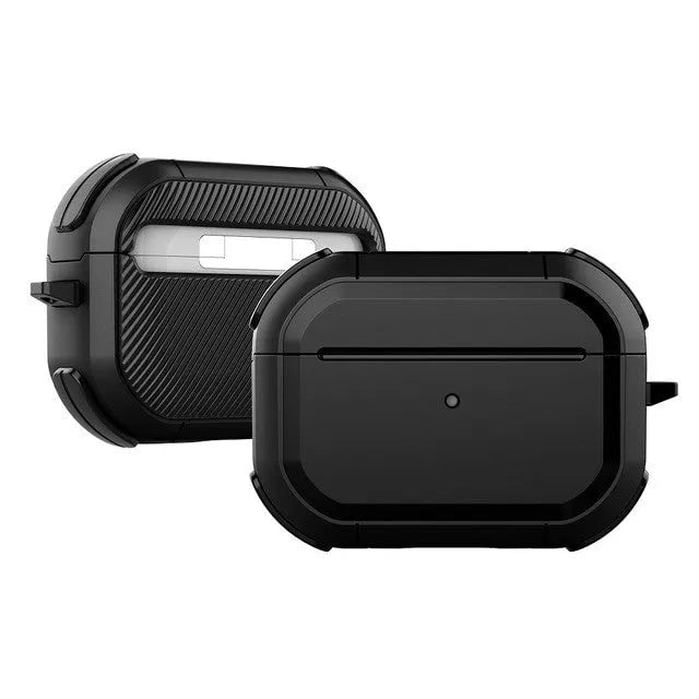 Black TPU and PC protective shell case for Apple AirPods 1, 2 and Pro models on a white background.
