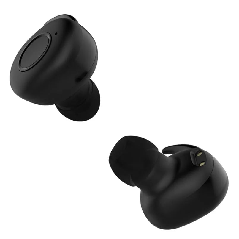 Compact wireless Bluetooth in-ear headphones in black, green, red, or white colours, designed for sports with noise reduction.