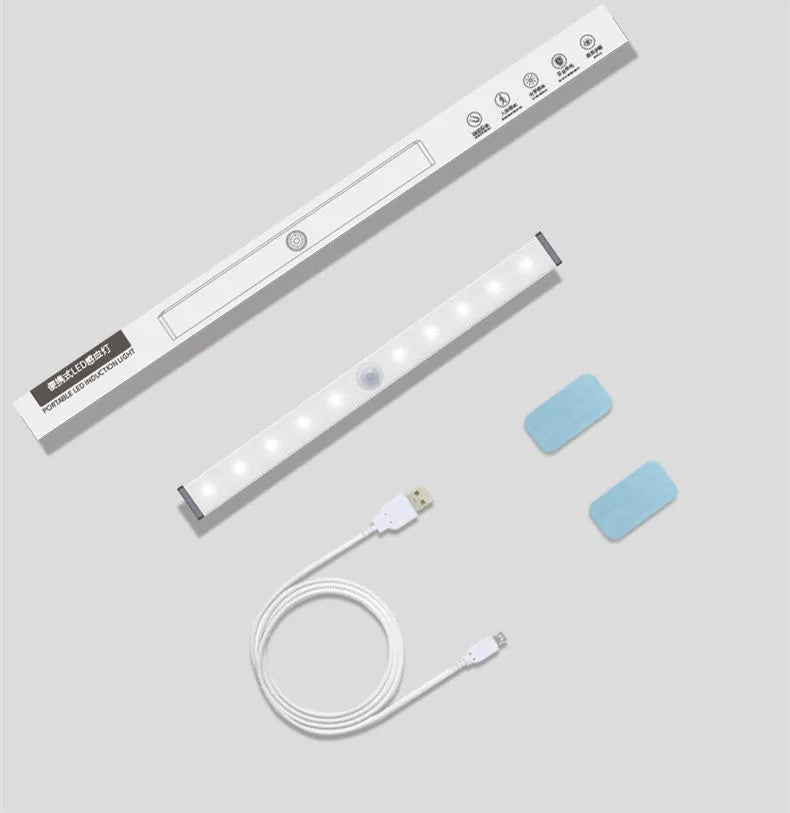 Magnetic LED closet light with motion sensor and aluminium shell shown mounted inside wardrobe