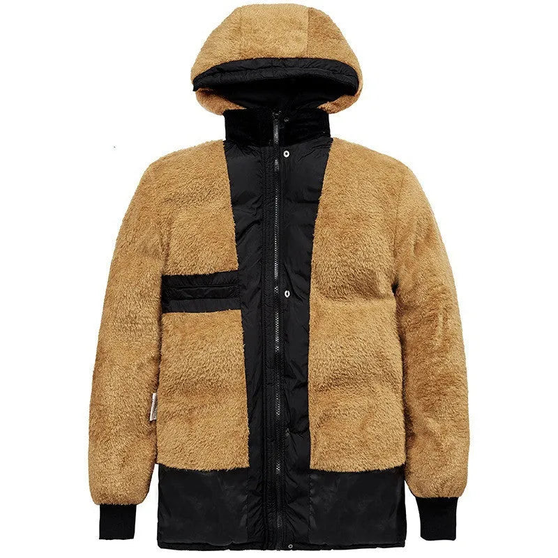 Men's black velvet padded hooded winter jacket with double-breasted placket in loose fit