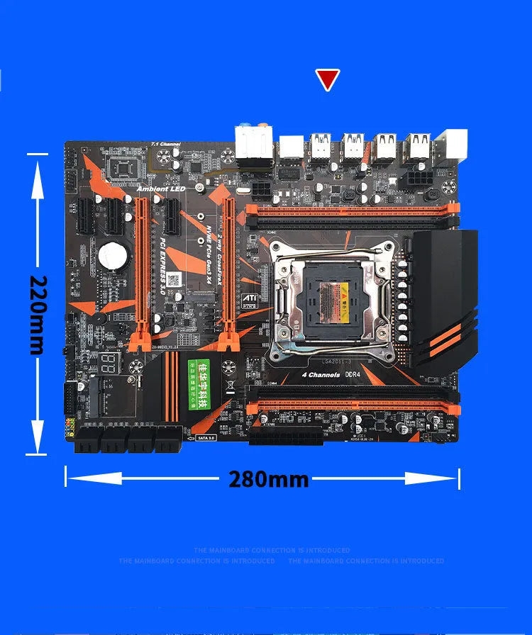 Black X99 ATX motherboard with LGA2011-3 socket, four DDR4 slots, and M.2 NVMe interface
