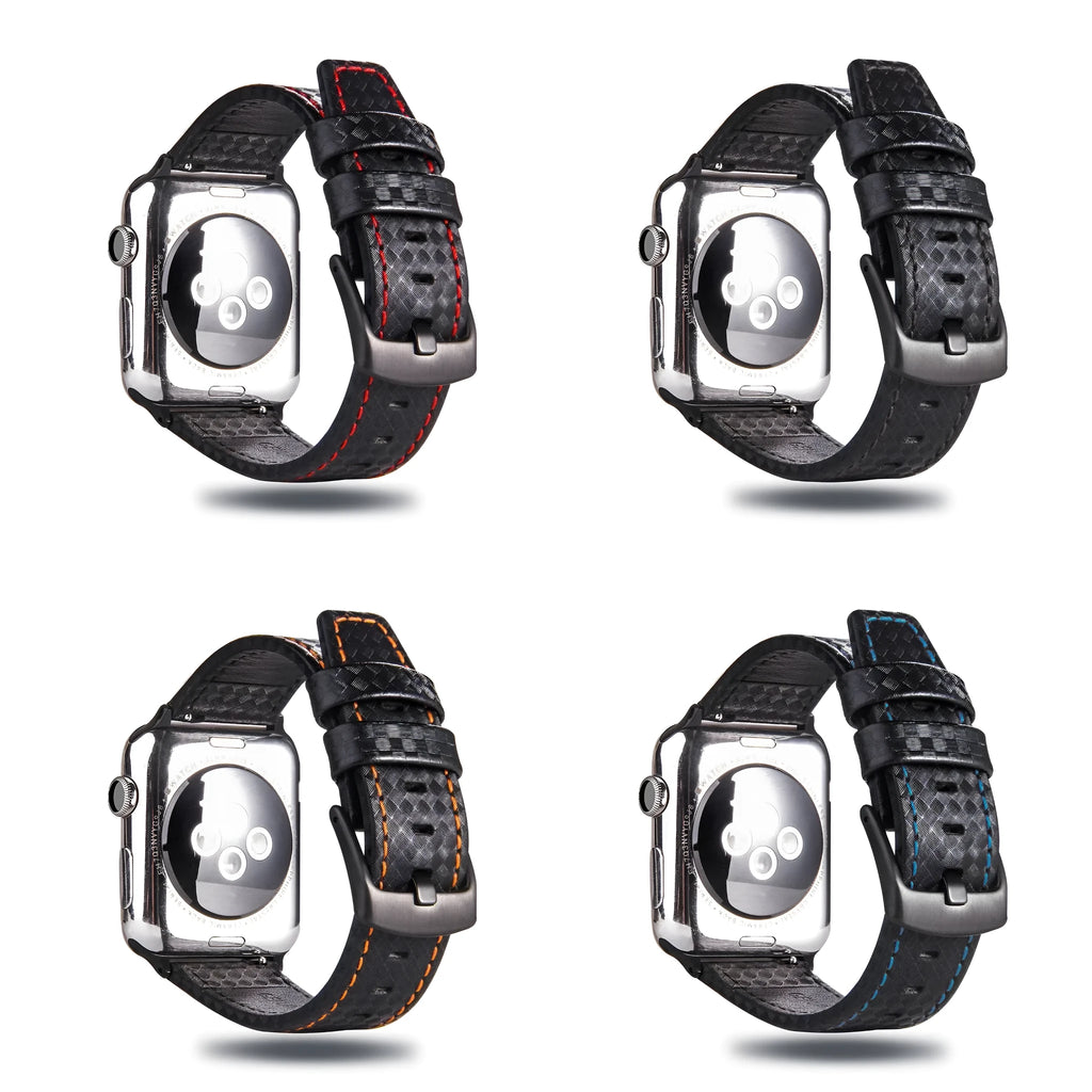 Apple Watch with black leather strap, carbon fibre details, and PC hard shell case with carbon fibre pattern.