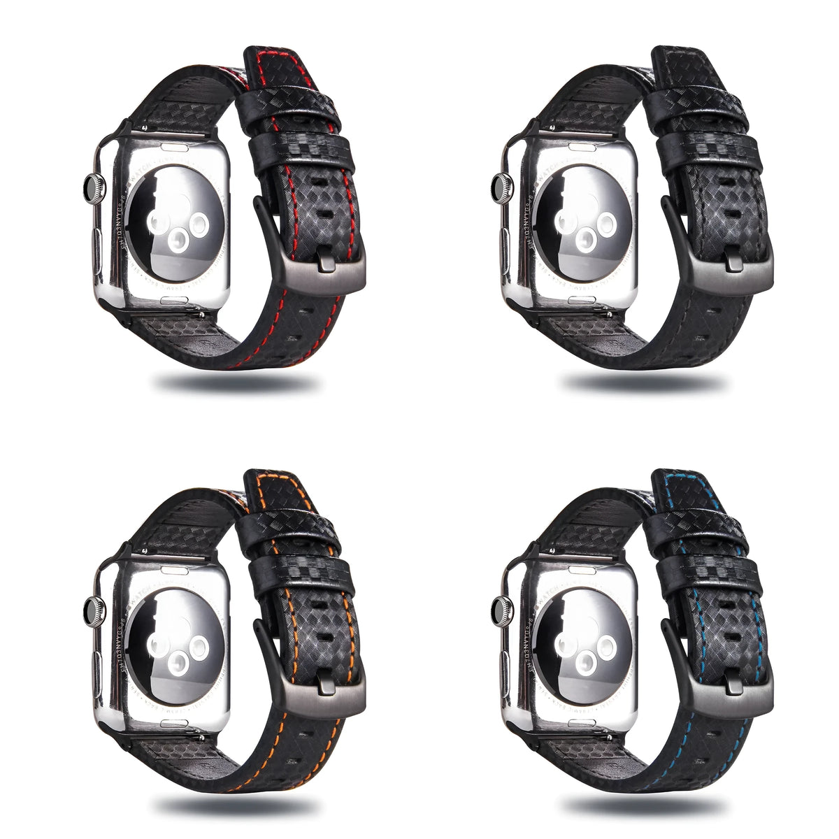 Apple Watch with black leather strap, carbon fibre details, and PC hard shell case with carbon fibre pattern.