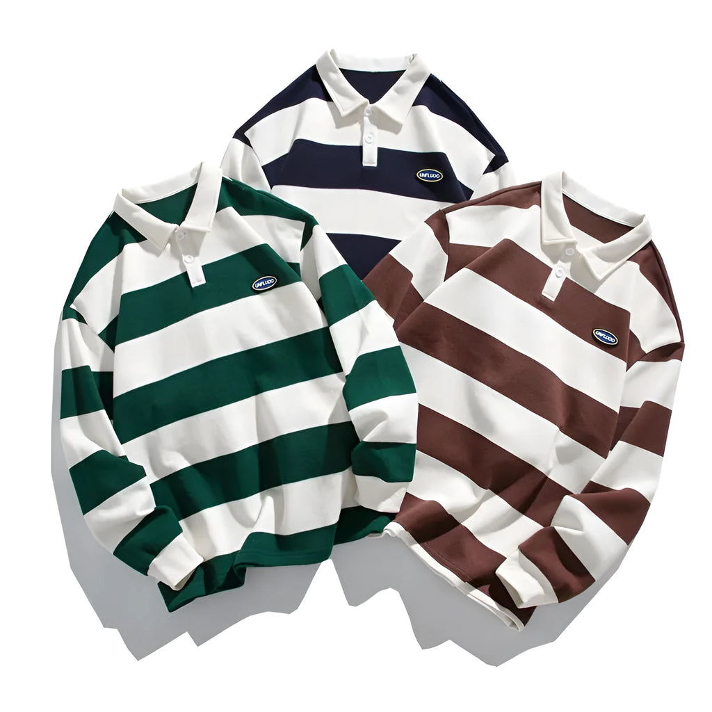 Hong Kong style pearl cotton polo shirt with striped lapel collar in loose fit