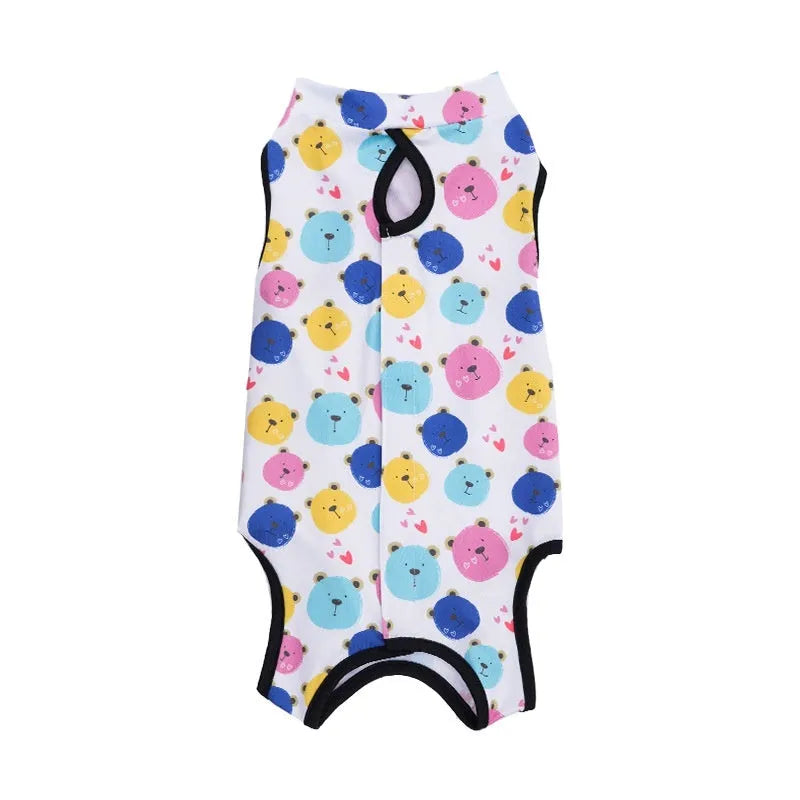 Cat wearing a sterilisation recovery suit with Velcro fastening and a printed pattern design