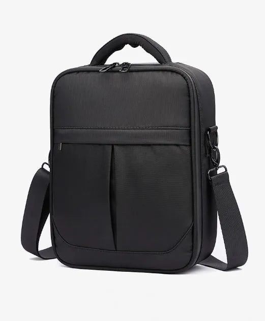 Black Oxford fabric men's messenger bag showing shoulder strap and compact dimensions