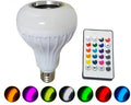 White E27 Bluetooth speaker light bulb with remote control showing 16 colour RGB lighting options