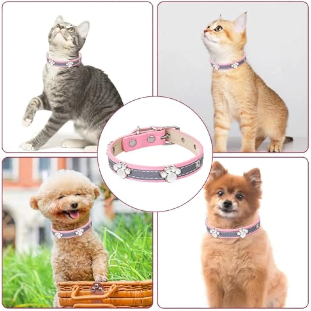 Reflective adjustable PU leather dog collar with a metal buckle and decorative paw rivet.