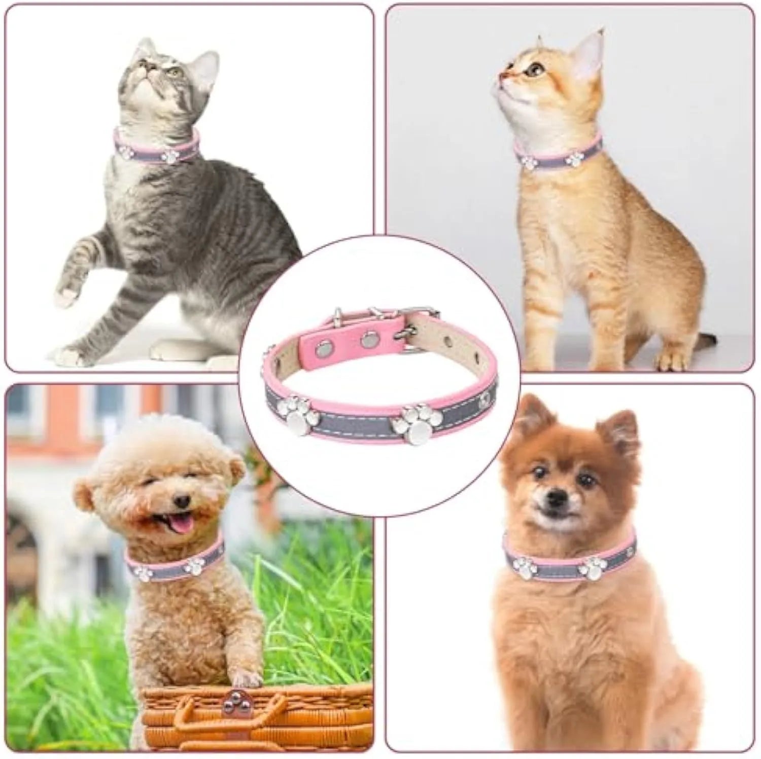 Reflective adjustable PU leather dog collar with a metal buckle and decorative paw rivet.