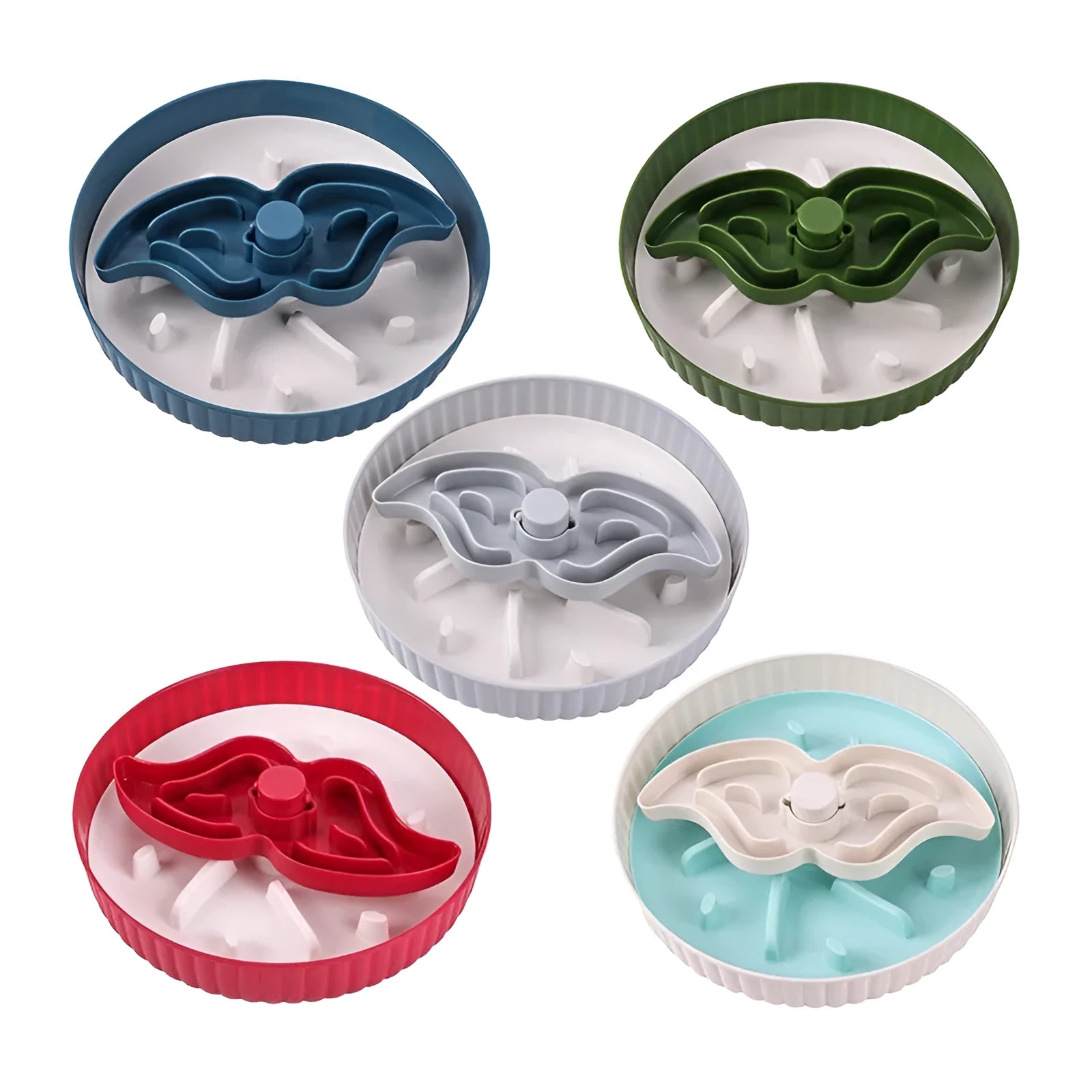 A grey plastic rotating pet bowl with a textured blue silicone slow-feeding mat attached, showing a windmill pattern.