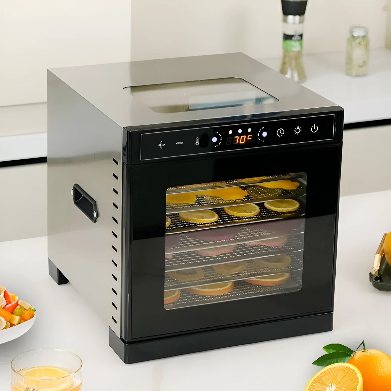 Stainless steel fruit dehydrator with multiple drying trays and LED control panel