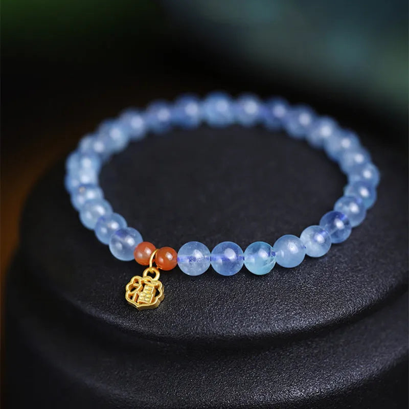 Natural aquamarine crystal bracelet with 8mm round transparent beads and blessing card