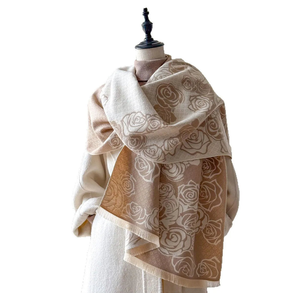 Imitation cashmere scarf with tassel trim in grey, black, blue, or khaki, shown at 185 cm long.