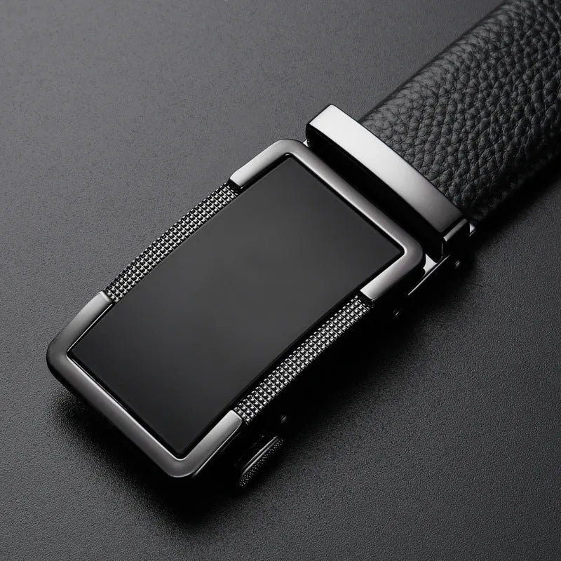 Men's gun black leather belt with an automatic alloy buckle, shown laid flat.
