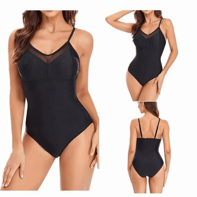 Ladies black or blue mesh solid color one-piece swimsuit with backless high elasticity design