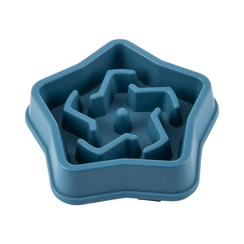 Yellow plastic slow feed dog bowl with raised internal ridges measuring 20.1 cm across