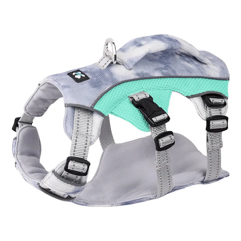 Reflective dog cooling vest chest strap in light blue polyester with adjustable sizing.