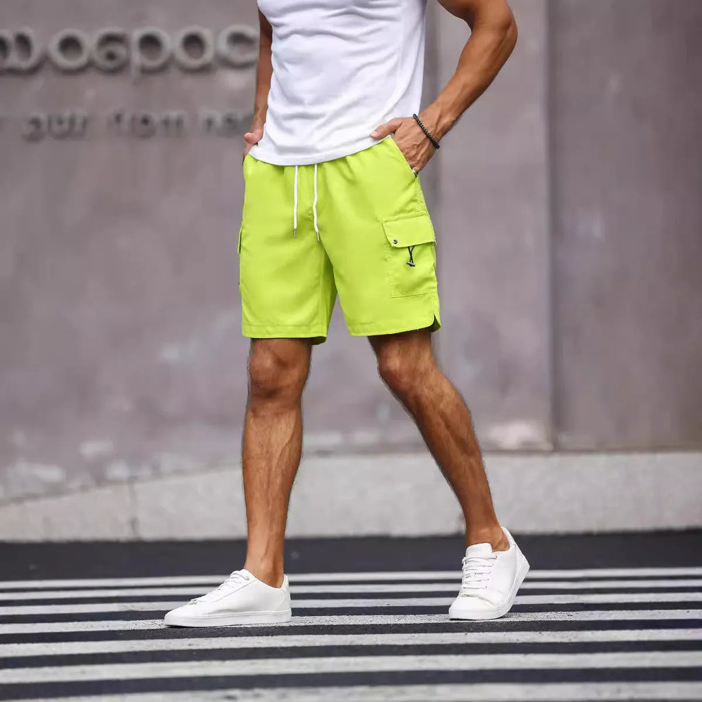 Men's loose-fit workwear shorts in cool silk cotton fabric available in fluorescent green and army green colours