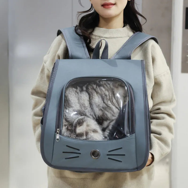 Pet carrier backpack in blue Oxford fabric, 35cm x 35cm x 25cm, with shoulder straps and breathable design for cats and small dogs.