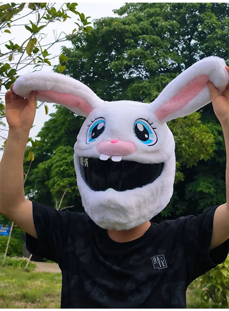 White plush rabbit head decorative cover for an electric motorcycle helmet.