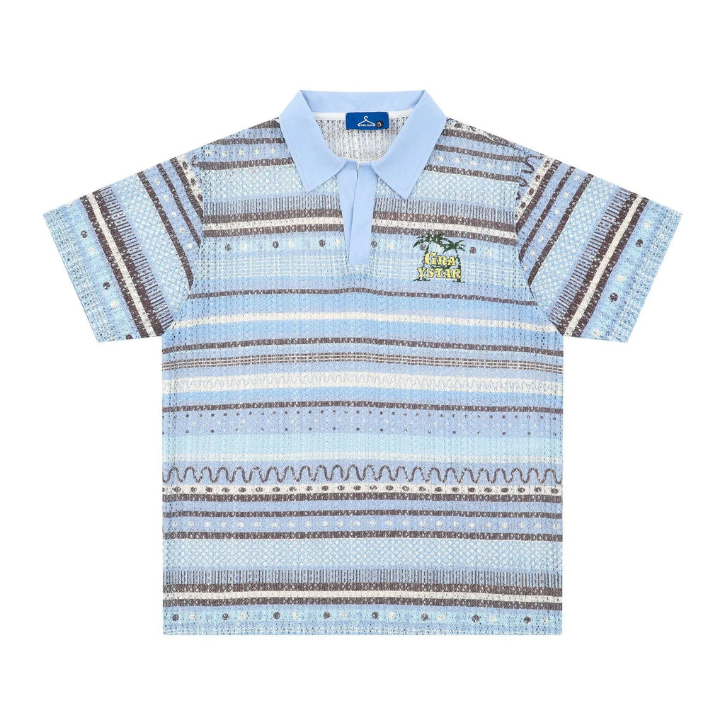 Men's blue printed short sleeve shirt with elastic band fabric on hanger