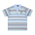 Men's blue printed short sleeve shirt with elastic band fabric on hanger