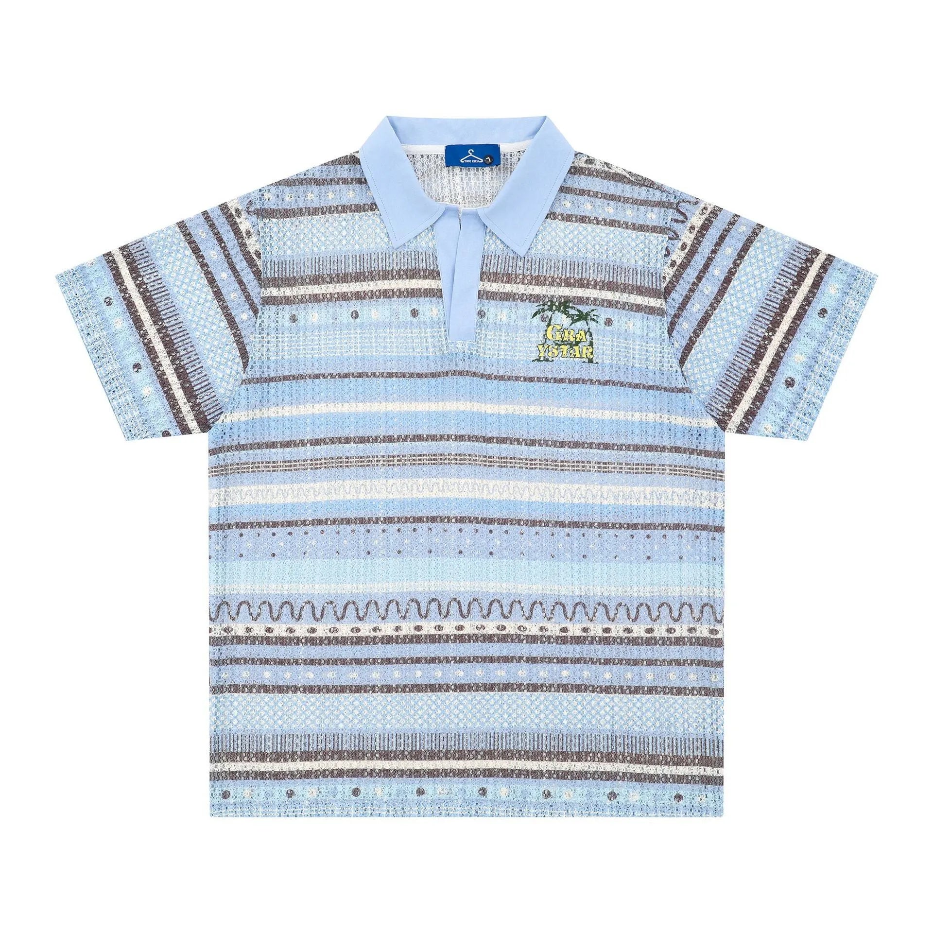 Men's blue printed short sleeve shirt with elastic band fabric on hanger