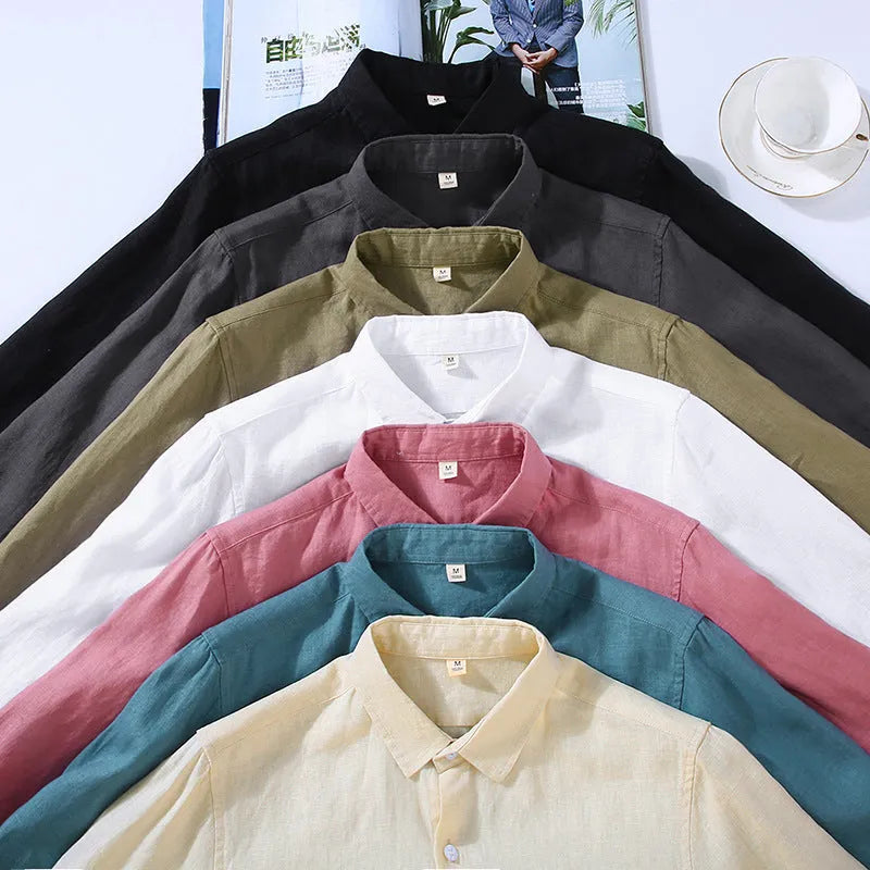 Men's pure linen long sleeve shirt in cardigan style showing solid colour options