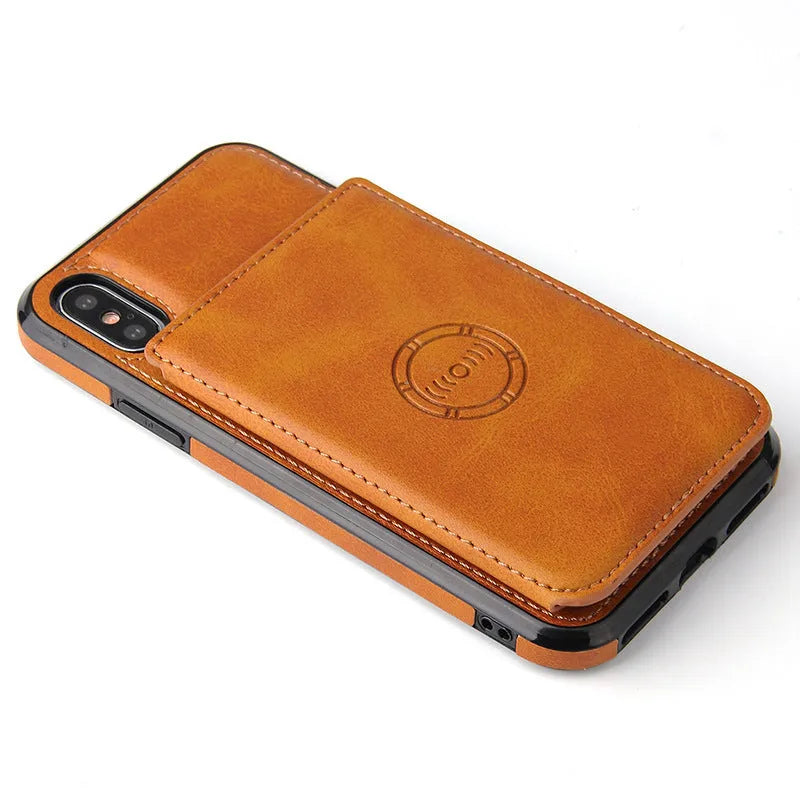 Imitation leather card wallet phone back cover for iPhone in black, blue, brown, orange, pink, and red.