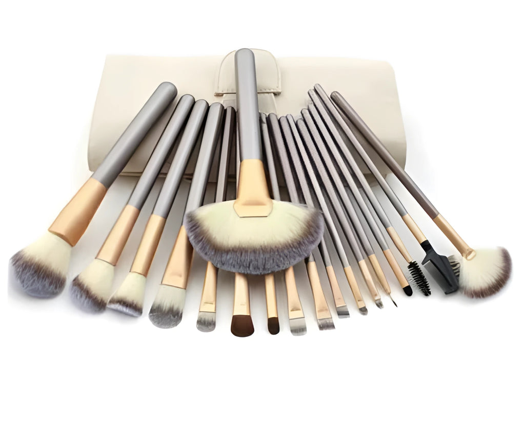 Persian make-up brush set with rice white bristles and champagne handles showing 12, 18 and 24 piece options