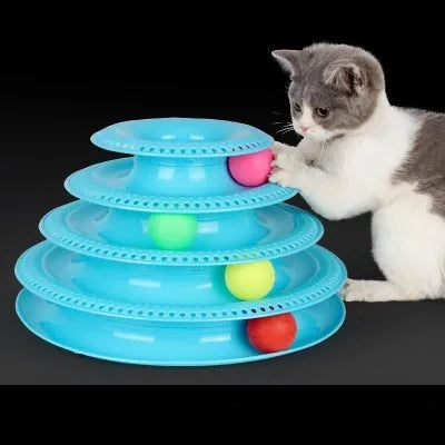 Four-layer interactive cat turntable toy with ball track tower, plastic, 16x29cm, in pink, blue or orange