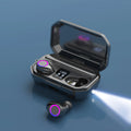 Black and white wireless Bluetooth earbuds with LED display charging case showing battery level