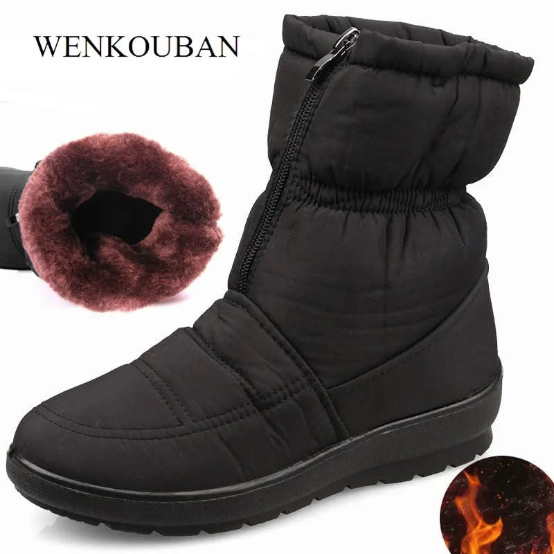 Women's winter snow boots with cloth upper, 3cm heel, 16cm tube height, artificial thick hair lining, black brown red.