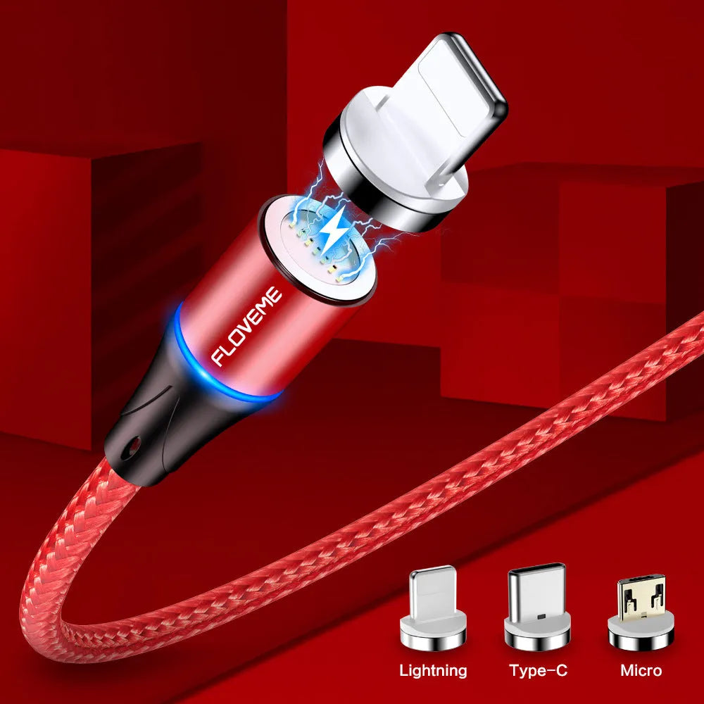 Black magnetic fast-charge data cable with glowing side lights next to a smartphone.
