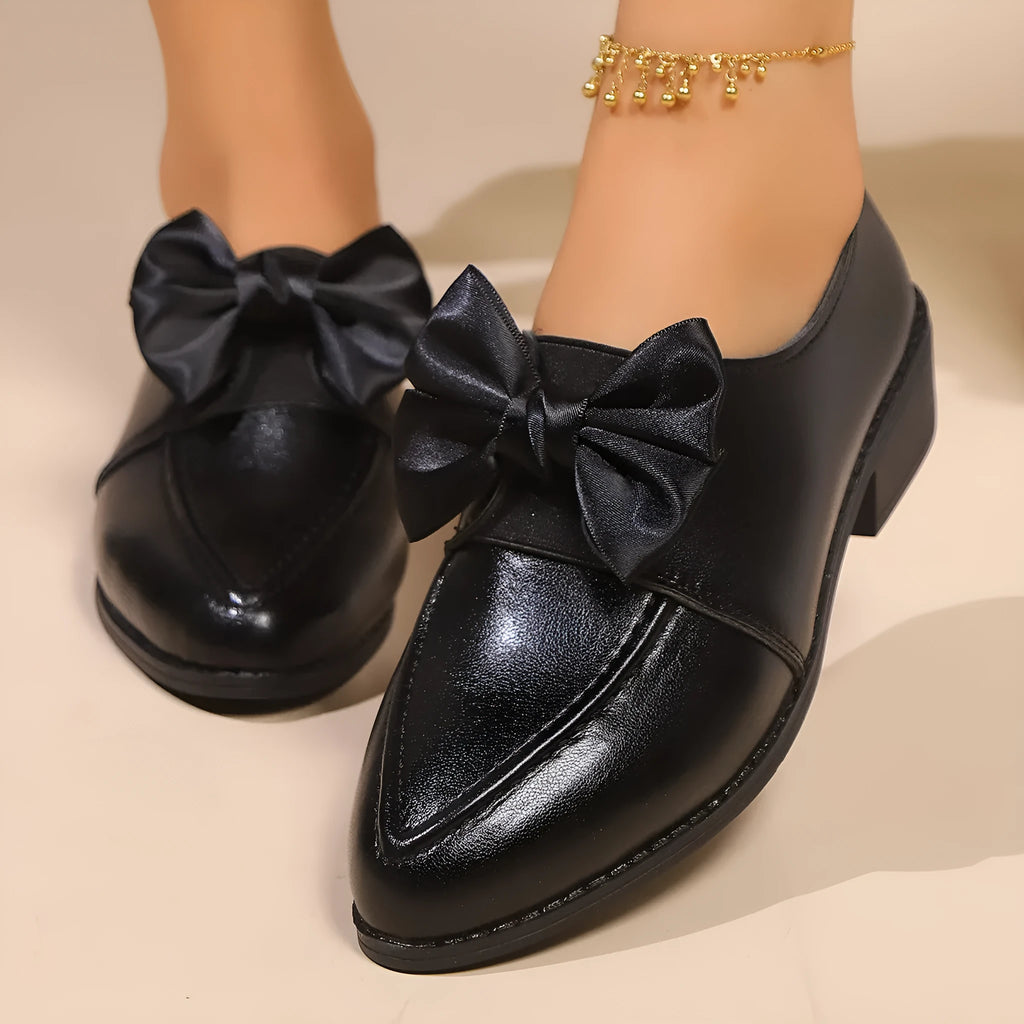 Women's British-style leather shoes with decorative bow detail in three style options