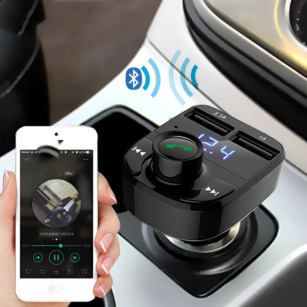 Black HY82 car Bluetooth MP3 player and hands-free kit plugged into a car cigarette lighter socket