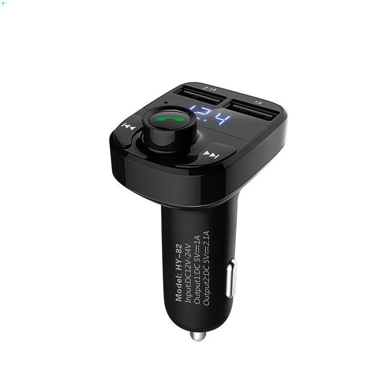 Black HY82 car Bluetooth MP3 player and hands-free kit plugged into a car cigarette lighter socket