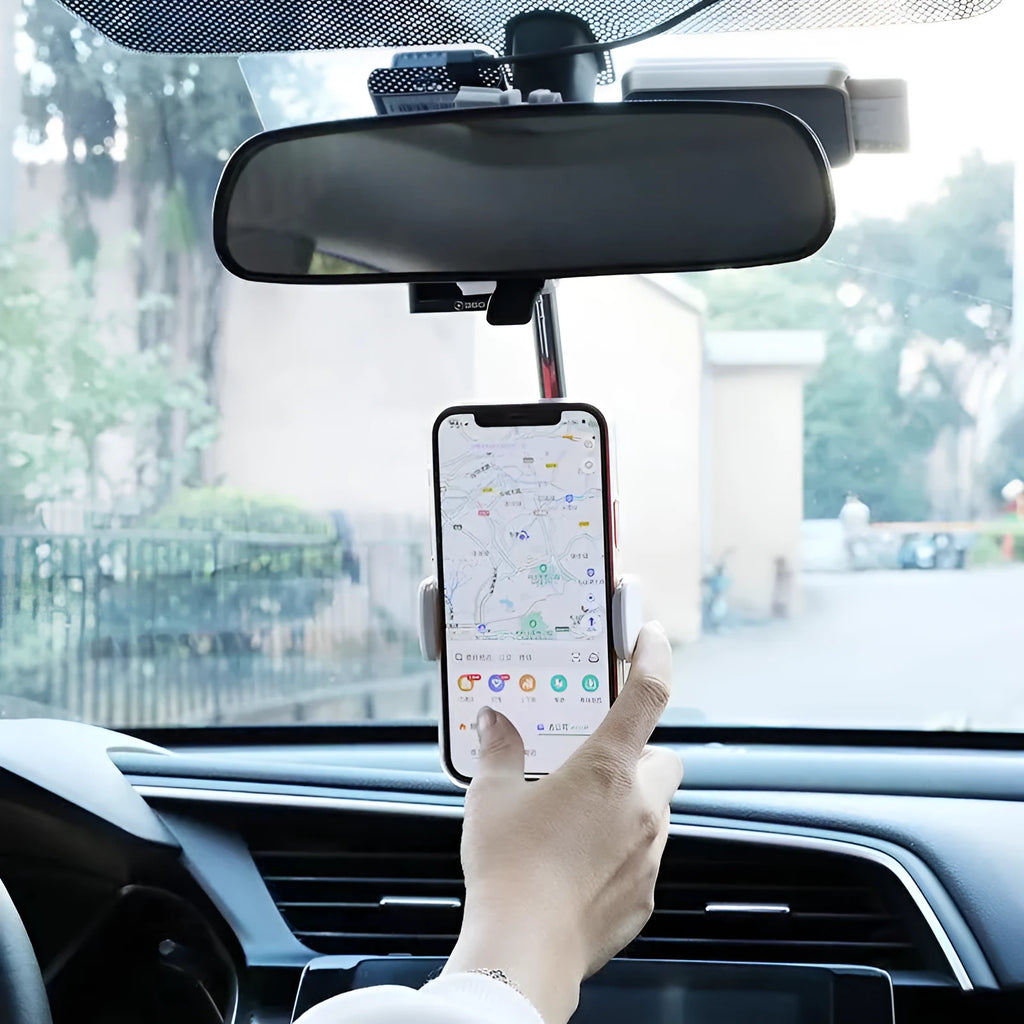 Black ABS plastic mobile phone bracket mounted on vehicle rearview mirror showing 18cm length option