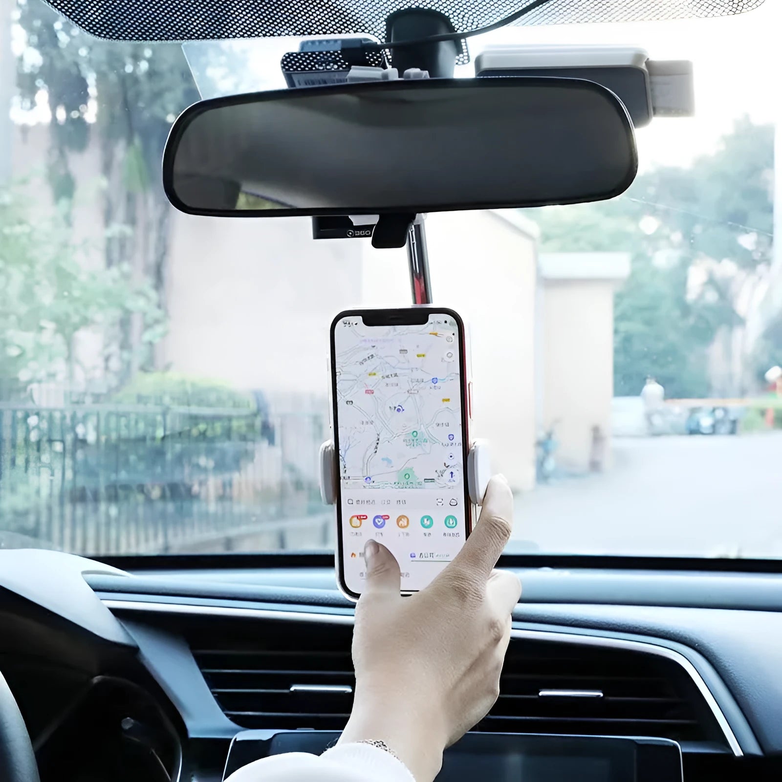 Black ABS plastic mobile phone bracket mounted on vehicle rearview mirror showing 18cm length option
