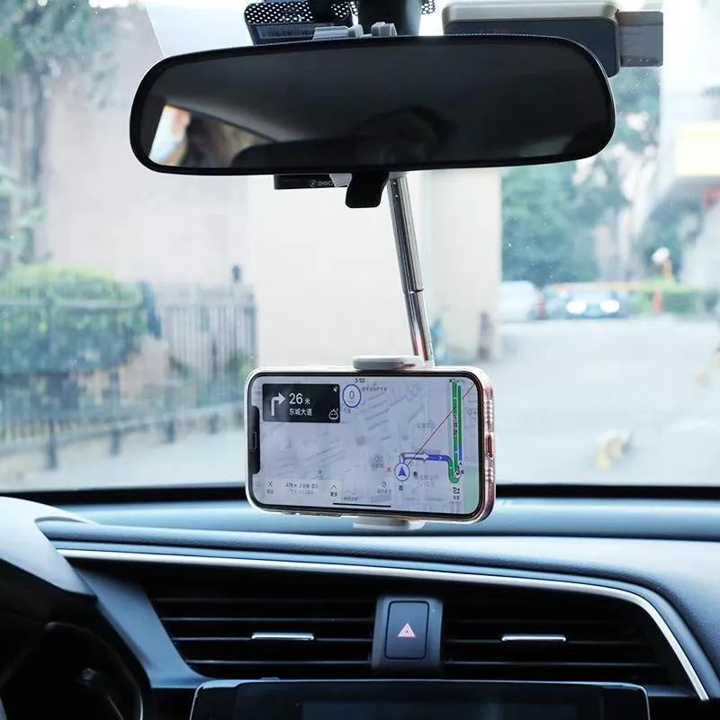 Black ABS plastic mobile phone bracket mounted on vehicle rearview mirror showing 18cm length option