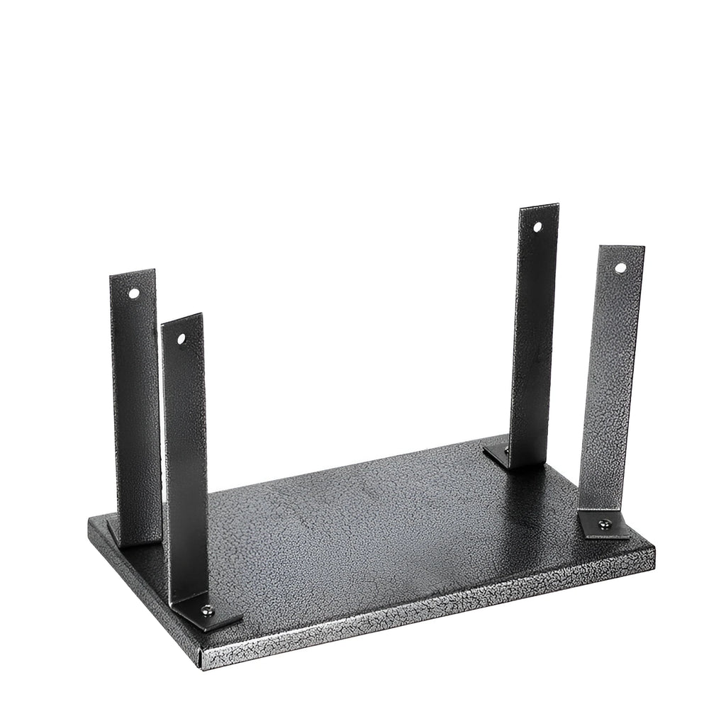 Black iron flip chip bracket for holding a portable electric planer inverted.