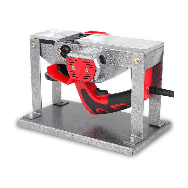 Black iron flip chip bracket for holding a portable electric planer inverted.