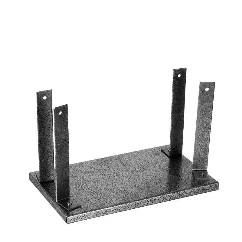 Black iron flip chip bracket for holding a portable electric planer inverted.